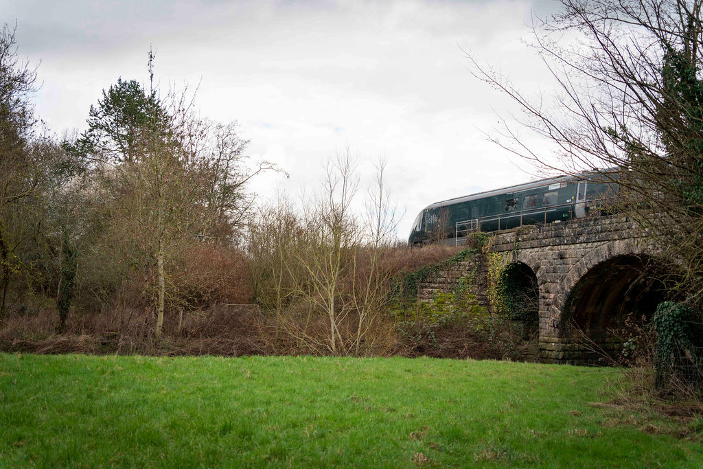A passenger train crossing a stone arch viaduct above water meadows in the Evenlode catchment, Oxfordshire